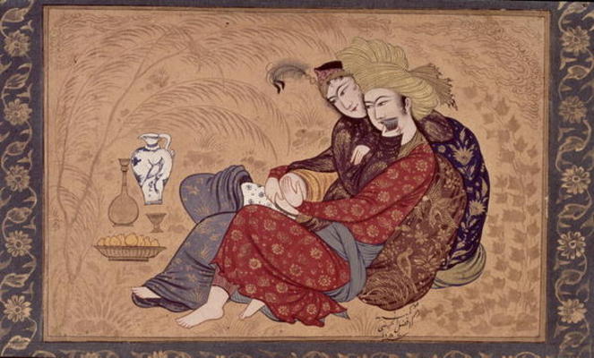 Lovers embracing and drinking wine, from the large Clive Album, Mughal de Indian School