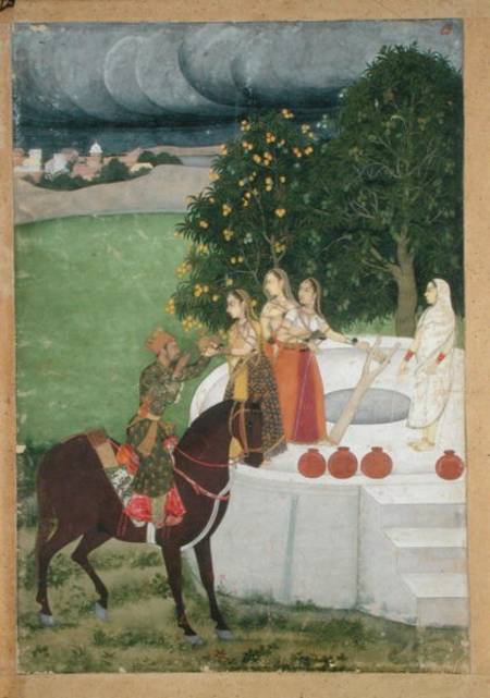 A mounted Prince receiving water from ladies at a well, miniature from Murshidabad de Indian School