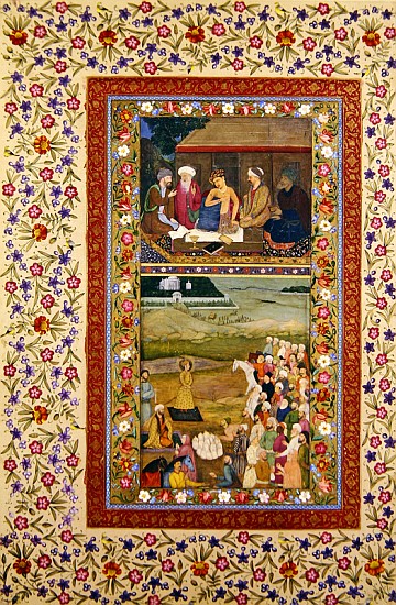 Ms E-14 Young man with his teachers and Payment of tribute to a ruler, miniatures from a Muraqqa alb de Indian School
