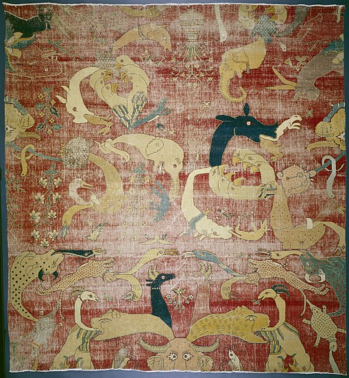 Portion of a carpet with fantastic animals on red ground, Mughal de Indian School