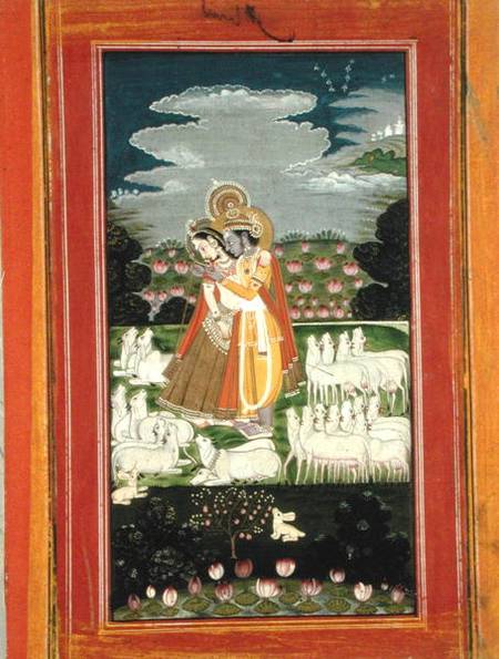 Radha and Krishna embrace in an idealised landscape with cows de Indian School