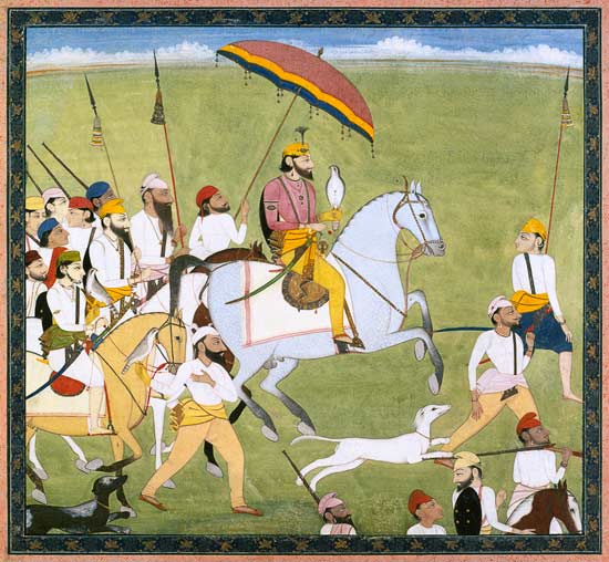 Rajah Dhian Singh (1796-1840) hunting with companions de Indian School