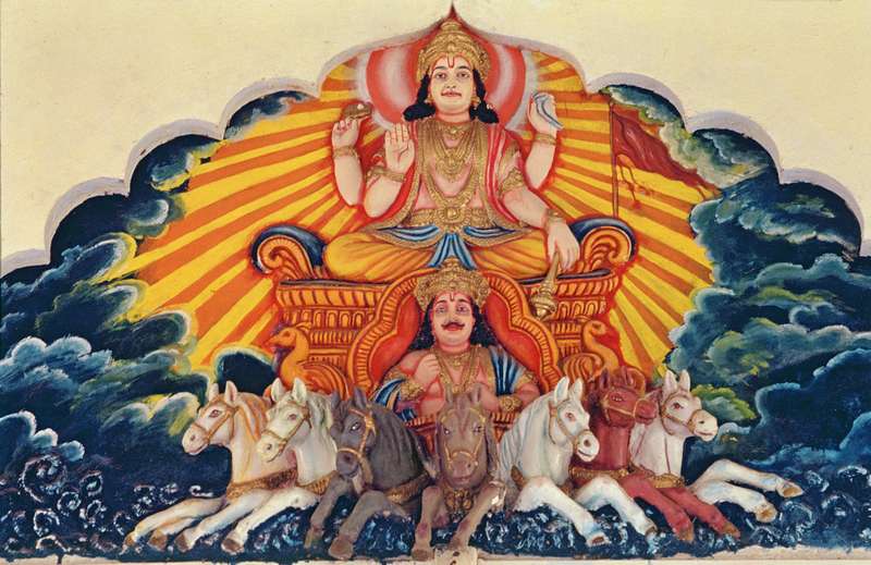 Surya Narayan, the Sun God (painted relief)  de Indian School