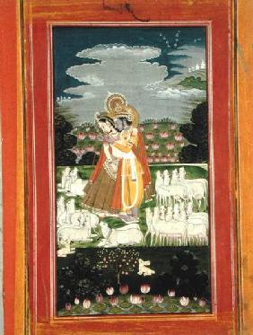 Radha and Krishna embrace in an idealised landscape with cows