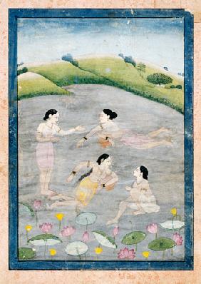 The Wives Of Raga Hindola Swimming In A Lake With The Aid Of Pitchers, The Foreground With Waterlili