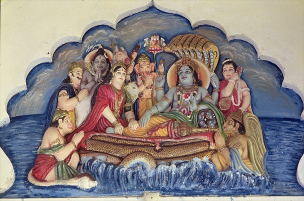 Vishnu Narayana, floating on Sheshanaga (painted relief)  de Indian School