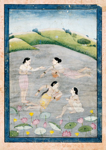 The Wives Of Raga Hindola Swimming In A Lake With The Aid Of Pitchers, The Foreground With Waterlili de Indian School
