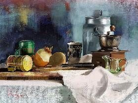 Still life with a milk can and a coffee grinder
