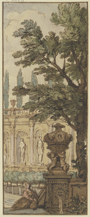 Panneau, im Vordergrund eine Vase, im Hintergrund ein Orangeriegebäude de Isaac de Moucheron