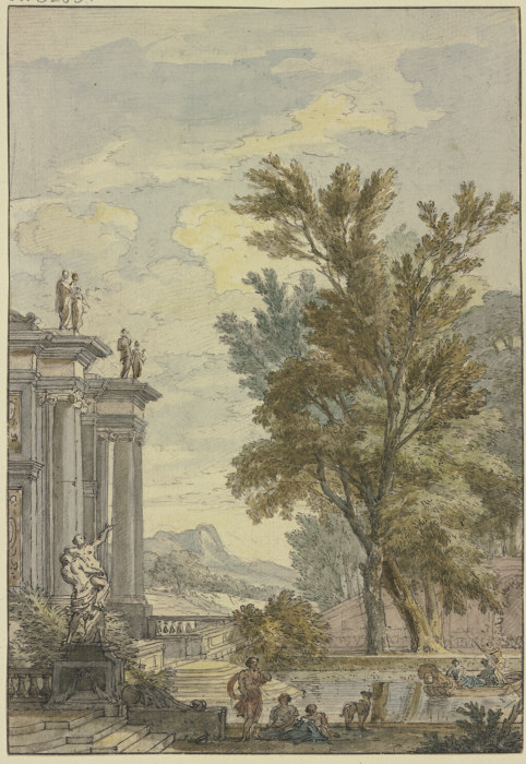 Parkansicht, links ein Gebäude mit Säulen und Statuen, davor ein Bassin, auf welchem eine Gondel fäh de Isaac de Moucheron