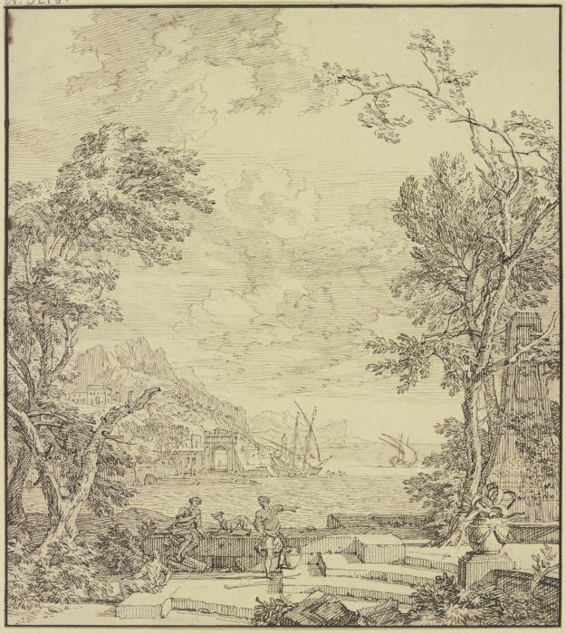 Terrasse am Meer, rechts ein Brunnen de Isaac de Moucheron