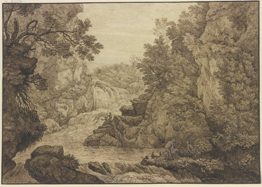 Wasserfall, im Vordergrund drei Angler de Isaac de Moucheron