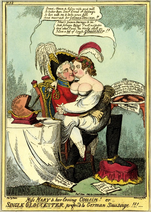 Miss Mary and her Loving Cousin or Single Gloucester Prefer'd to German Sausage! de Isaac Robert Cruikshank