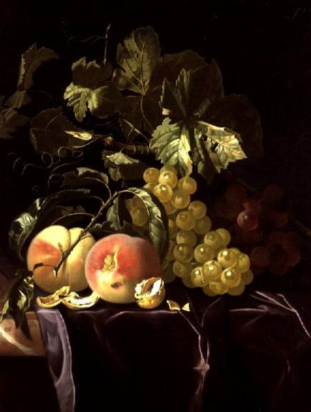 Still Life of fruit, nuts and leaves on velvet cloth de Isaak Denies