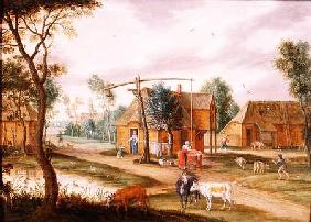 A village landscape with a woman drawing water from a well (panel)