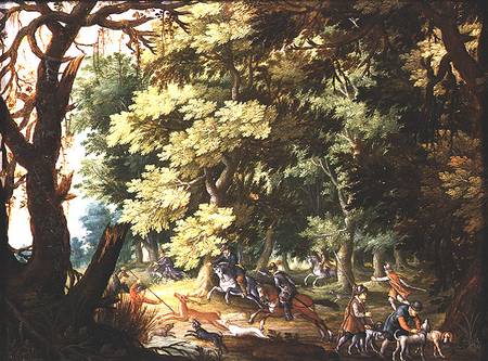 A Wooded Landscape with Hunters and Hounds (oil on copper) de Isaak van Oosten