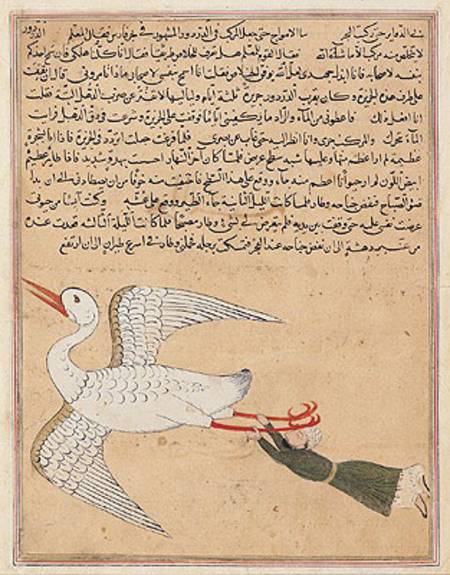 Ms E-7 fol.72a Merchant from Isfahan Flying, from 'The Wonders of the Creation and the Curiosities o de Islamic School