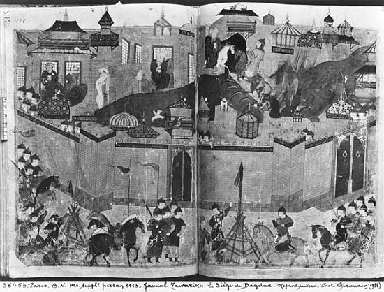 Ms Suppl Persan 1113 f.180-181 Mongols under the leadership of Hulagu Khan storming and capturing Ba de Islamic School