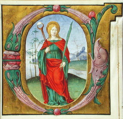 Historiated initial 'G' depicting St. Agatha (vellum) de Scuola pittorica italiana