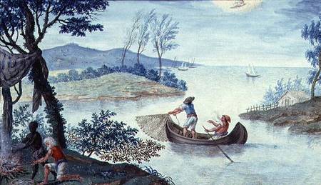 Fishing scene depicting the month of July, one of a series of twelve de Scuola pittorica italiana