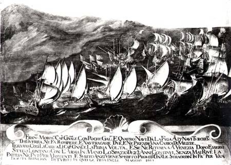 General Francisco Morosini (1618-94) and the Venetian Fleet in an Encounter with the Turkish Fleet o de Scuola pittorica italiana
