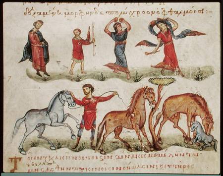Ms Grec 479 Horse Trainers, illustration from the Halieutica or the Cynegetica by Oppian de Scuola pittorica italiana