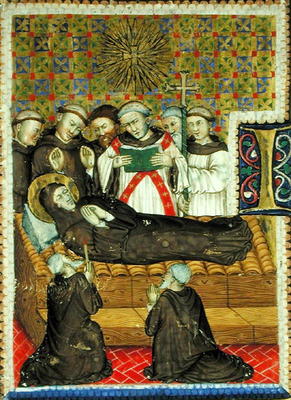 Historiated initial 'B' depicting a Franciscan saint on his death bed (vellum) de Scuola pittorica italiana