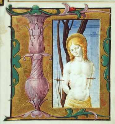 Historiated initial 'L' depicting St. Sebastian (vellum) de Scuola pittorica italiana