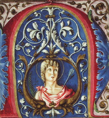 Historiated initial 'N' depicting St. Sebastian (vellum) de Scuola pittorica italiana