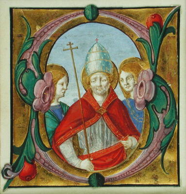 Historiated initial 'S' depicting St. Gregory and two Saints (vellum) de Scuola pittorica italiana