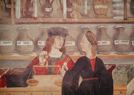 Interior of a Pharmacy, detail of the shopkeeper weighing produce de Scuola pittorica italiana