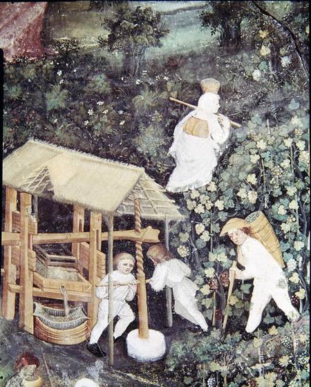 The Month of October, detail of grape-pickers pressing grapes de Scuola pittorica italiana