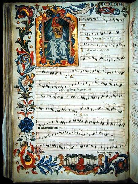 Page of musical notation with historiated initial, produced at the Florentine monastery of S. Maria de Scuola pittorica italiana