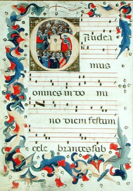 Page of musical notation with a historiated initial 'G' depicting a group of saints with St. Ursula de Scuola pittorica italiana