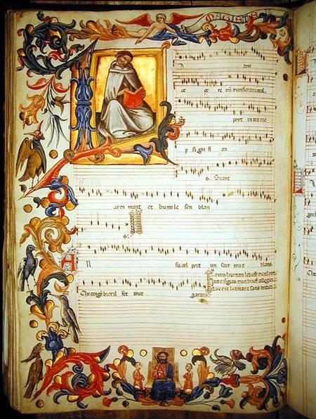 Page of musical notation with a historiated initial, produced at the Florentine monastery of S. Mari de Scuola pittorica italiana
