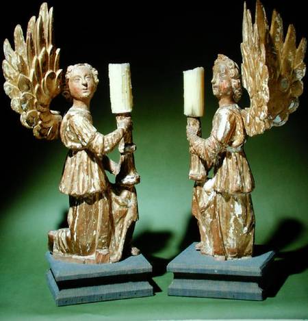 Pair of carved candlesticks (polychrome oak) de Scuola pittorica italiana