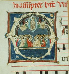 Historiated initial 'G' depicting the Assumption of the Virgin (vellum)
