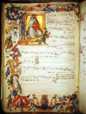 Page of musical notation with a historiated initial, produced at the Florentine monastery of S. Mari