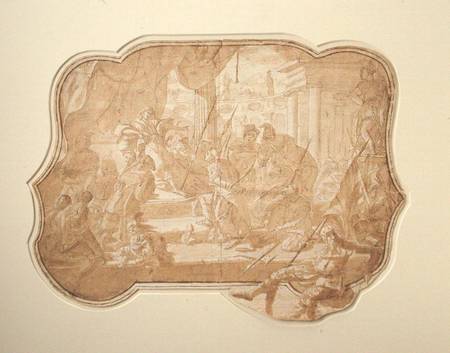 A Venetian scene of a bound princess brought before a ruler (ink, brown wash & pencil on de Scuola pittorica italiana