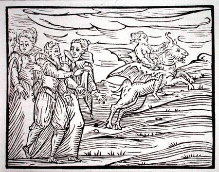 Witch astride a diabolical goat, copy of an illustration from 'Compendium Maleticarum' by Mr F Guacc de Scuola pittorica italiana