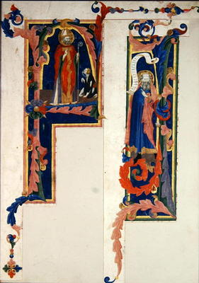 Historiated initial 'F' depicting a bishop saint blessing a young cripple and 'I' depicting a prophe de Italian School, (14th century)