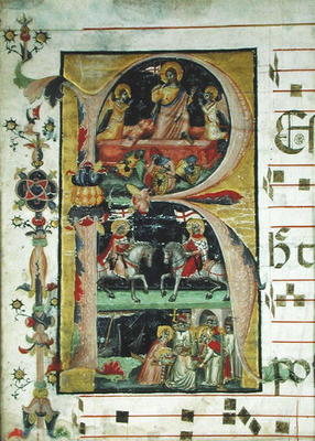 Historiated initial 'R' depicting the resurrection, two knight saints and a bishop saint receiving r de Italian School, (14th century)
