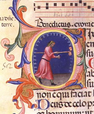 Ms 559 f.113v Historiated initial 'O' depicting St. Joseph holding a rod with two flags decorated wi de Italian School, (14th century)