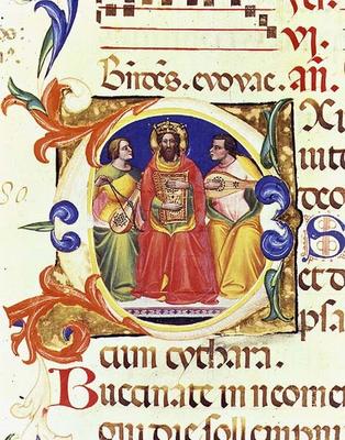 Ms. 559 f.155v Historiated initial 'O' depicting King David and two angels, from the Psalter of Sant de Italian School, (14th century)