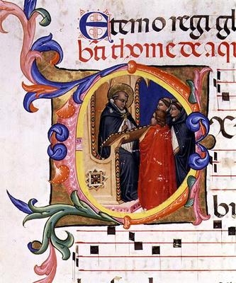 Ms 559 f.285v Historiated initial 'O' depicting a monk at a lectern conversing with other monks, fro de Italian School, (14th century)