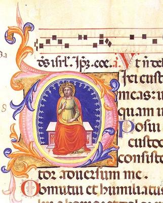 Ms 559 f.38v Historiated initial 'O' depicting St. Matthew, from the Psalter of Santa Maria Novella, de Italian School, (14th century)