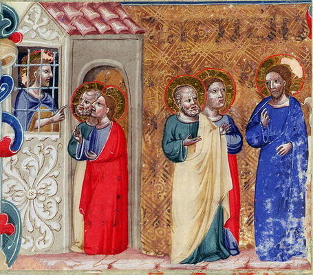 St. John imprisoned and sending two disciples to Christ (vellum) de Italian School, (14th century)