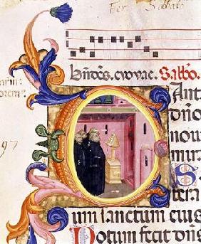 Ms 559 f.176f Historiated initial 'C' depicting monks looking at a text, from the Psalter of Santa M