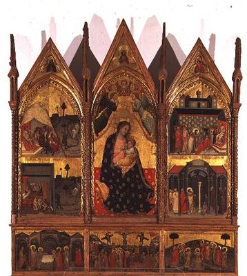 Triptych: Madonna and Child Enthroned flanked by scenes from the life of St. Bartholomew with a pred de Italian School, (14th century)