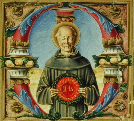 Historiated initial 'M' depicting St. Bernardino of Siena (vellum) de Italian School, (15th century)